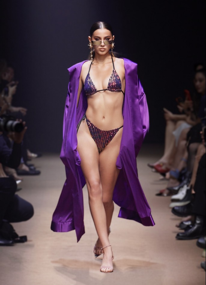 PURPLE SILK SATIN BELTED ROBE WITH HOOD